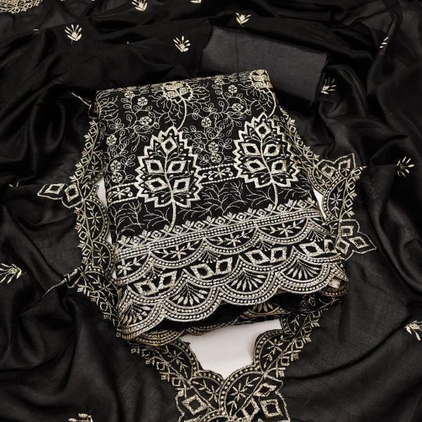 Seamless Black Vichitra Silk Salwar Suit Fabric Set with Heavy Embroidery Work Color Set Matching Dress Material Wholesale