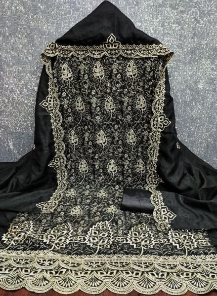 Seamless Black Vichitra Silk Salwar Suit Fabric Set with Heavy Embroidery Work Color Set Matching Dress Material Wholesale