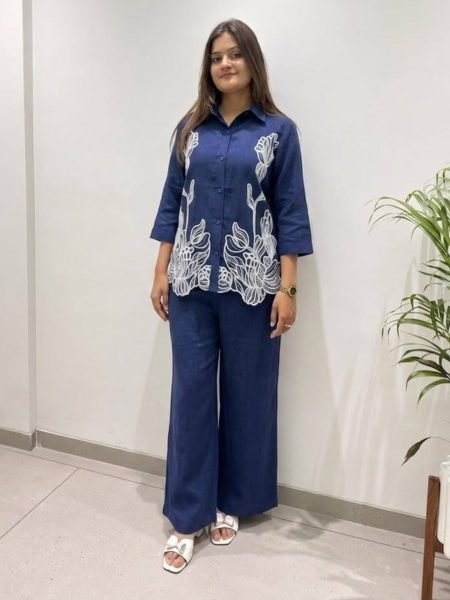 Seamless Blue Designer Denim Cord Set with Embroidered Shirt for Women Kurtis