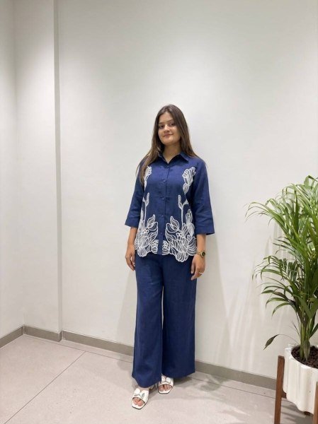 Seamless Blue Designer Denim Cord Set with Embroidered Shirt for Women CO ORD Sets