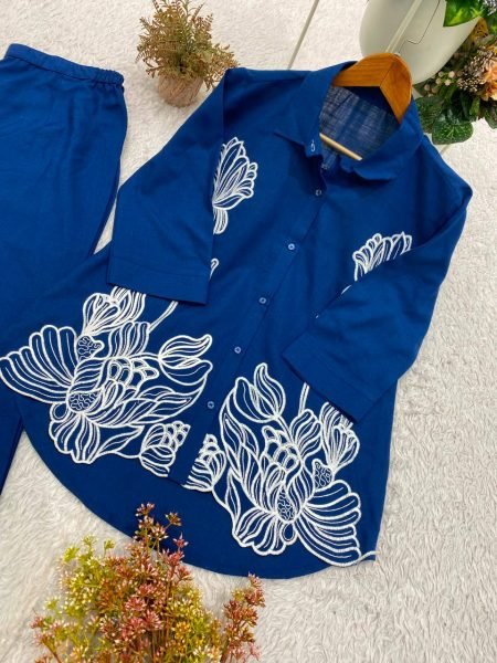 Seamless Blue Designer Denim Cord Set with Embroidered Shirt for Women CO ORD Sets