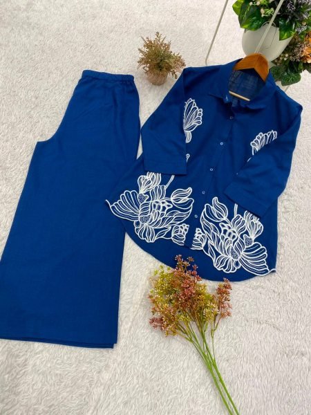 Seamless Blue Designer Denim Cord Set with Embroidered Shirt for Women CO ORD Sets