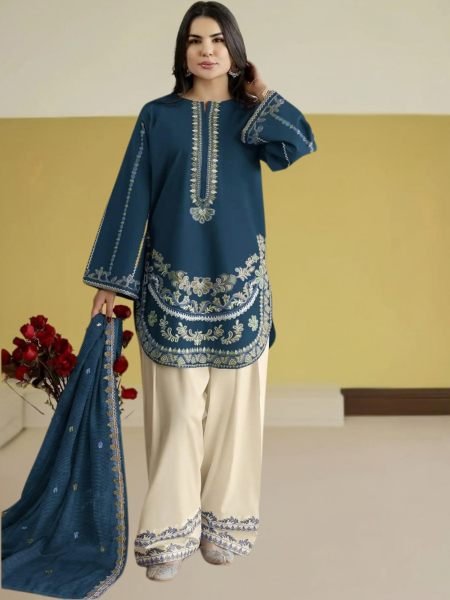 Seamless Blue Designer Heavy Roman Silk Suit Set with Embroidered Top Salwar Kameez