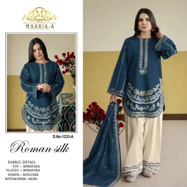 Seamless Blue Designer Heavy Roman Silk Suit Set with Embroidered Top Designer Plazzo Salwar Suits Wholesale