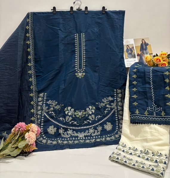 Seamless Blue Designer Heavy Roman Silk Suit Set with Embroidered Top Designer Plazzo Salwar Suits Wholesale