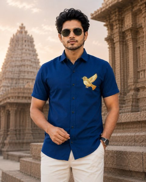 Seamless Blue Men Printed Cotton Shirt with Matching Dhoti at Wholesale Rate Mens Shirt