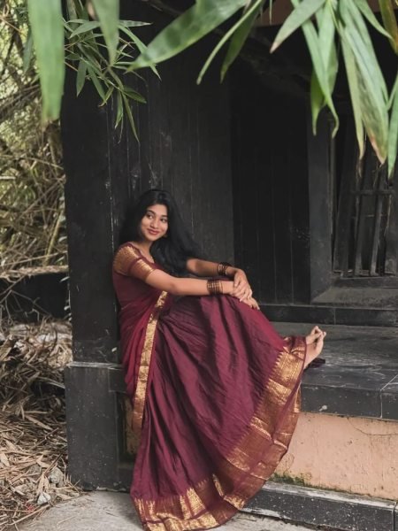 Seamless Brown South Indian Wedding Wear Kanchi Cotton Lehenga Choli Half Saree Lehenga