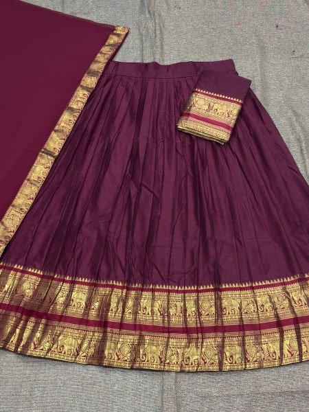 Seamless Brown South Indian Wedding Wear Kanchi Cotton Lehenga Choli Half Saree Lehenga