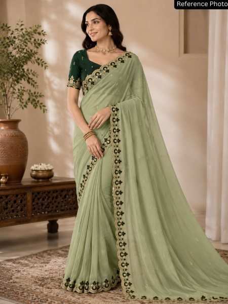 Seamless Green Designer Embroidered Star Georgette Saree at Manufacturer Price 