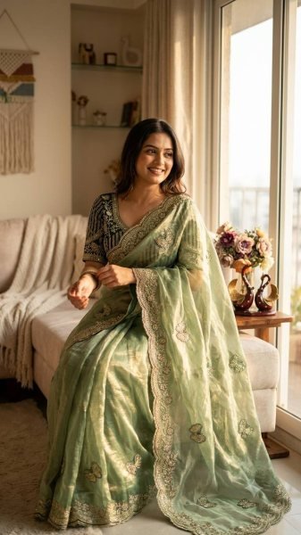 Seamless Green Frendy Satin Saree with Heavy Embroidery Work At Manufacturer  Designer Wedding Sarees Wholesale