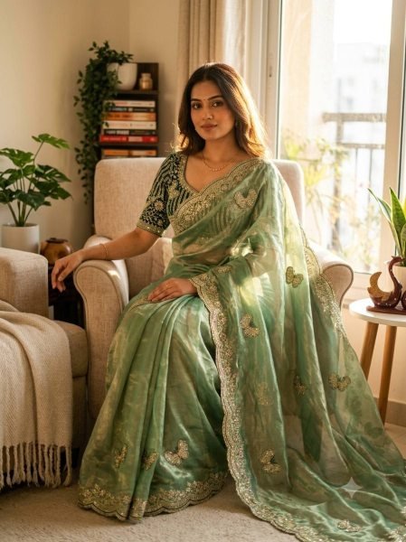 Seamless Green Frendy Satin Saree with Heavy Embroidery Work At Manufacturer  Designer Wedding Sarees Wholesale