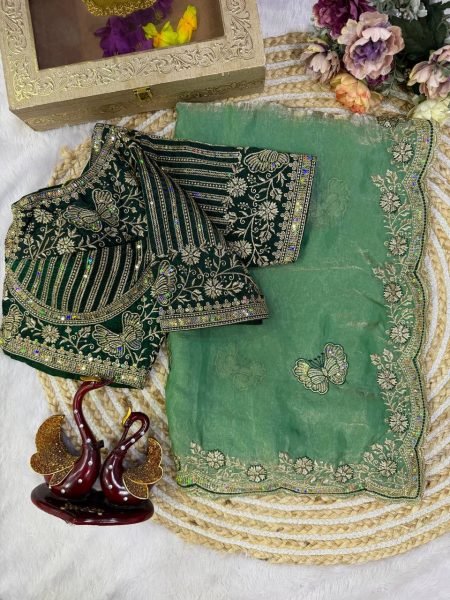 Seamless Green Frendy Satin Saree with Heavy Embroidery Work At Manufacturer  Designer Wedding Sarees Wholesale