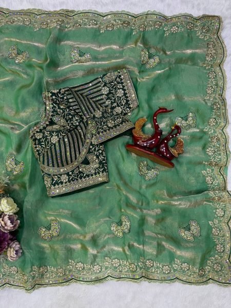 Seamless Green Frendy Satin Saree with Heavy Embroidery Work At Manufacturer  Designer Wedding Sarees Wholesale