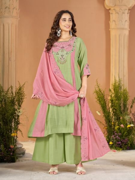 Seamless Green Mal Chanderi Anarkali Kurti Palazzo Set with Real Hand Embroidery Kurtis