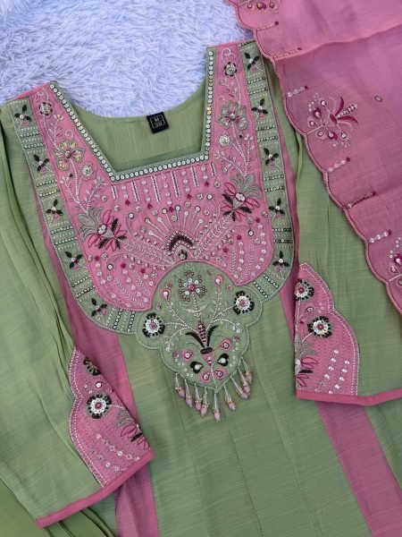 Seamless Green Mal Chanderi Anarkali Kurti Palazzo Set with Real Hand Embroidery Anarkali Kurtis 