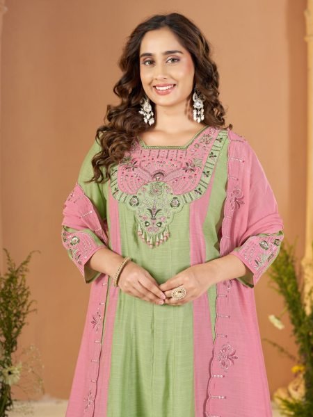 Seamless Green Mal Chanderi Anarkali Kurti Palazzo Set with Real Hand Embroidery Anarkali Kurtis 