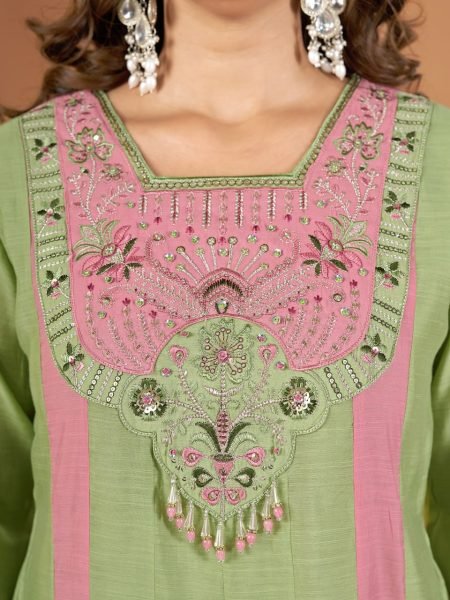 Seamless Green Mal Chanderi Anarkali Kurti Palazzo Set with Real Hand Embroidery Anarkali Kurtis 