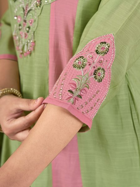 Seamless Green Mal Chanderi Anarkali Kurti Palazzo Set with Real Hand Embroidery Anarkali Kurtis 