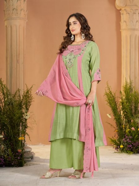 Seamless Green Mal Chanderi Anarkali Kurti Palazzo Set with Real Hand Embroidery Anarkali Kurtis 