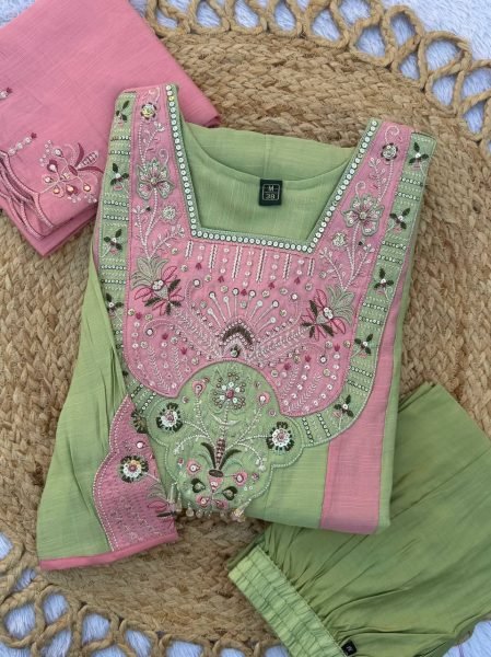 Seamless Green Mal Chanderi Anarkali Kurti Palazzo Set with Real Hand Embroidery Anarkali Kurtis 