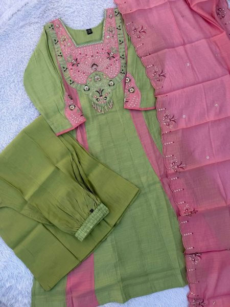 Seamless Green Mal Chanderi Anarkali Kurti Palazzo Set with Real Hand Embroidery Anarkali Kurtis 