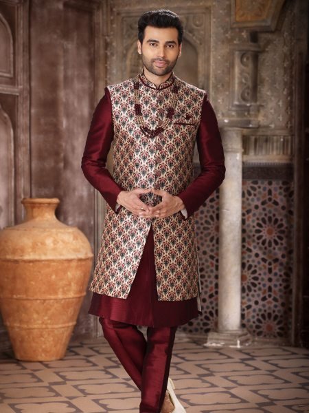 Seamless Maroon Men Ethnic Jacket Set for Wedding and Occasion Wear Mens Wear