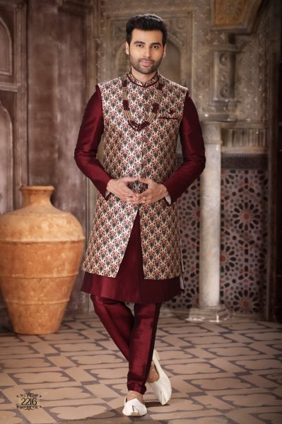 Seamless Maroon Men Ethnic Jacket Set for Wedding and Occasion Wear Kurta Pajama Wholesale