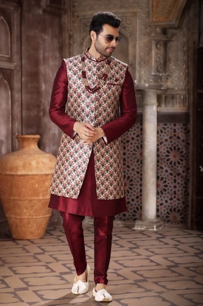 Seamless Maroon Men Ethnic Jacket Set for Wedding and Occasion Wear Kurta Pajama Wholesale