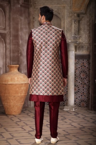 Seamless Maroon Men Ethnic Jacket Set for Wedding and Occasion Wear Kurta Pajama Wholesale