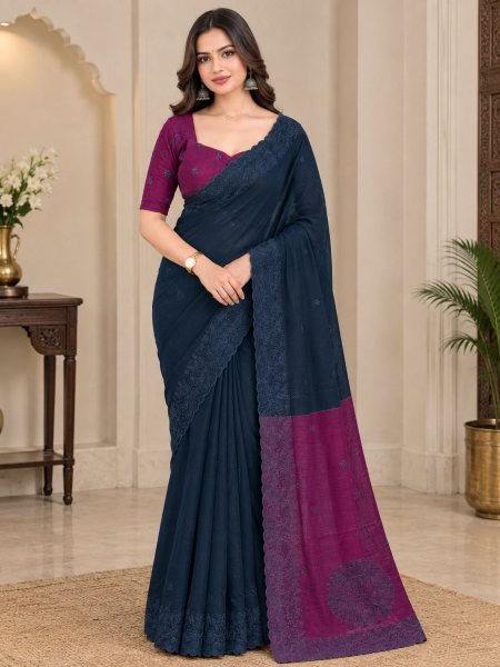 Seamless Navy Blue Designer Mul Cotton Saree with Jacquard Pallu and Running Blouse at Factory Price Sarees 