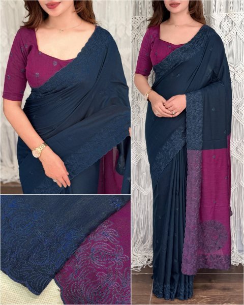 Seamless Navy Blue Designer Mul Cotton Saree with Jacquard Pallu and Running Blouse at Factory Price Cotton Sarees Wholesale