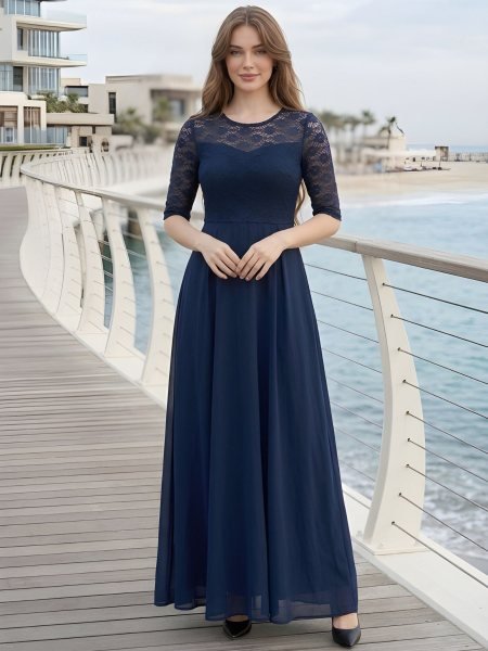 Seamless Navy Blue Fashionable Long Net Gown with 3/4 Sleeves for Ladies Fashion Kurtis