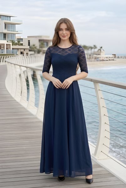 Seamless Navy Blue Fashionable Long Net Gown with 3/4 Sleeves for Ladies Fashion Western Ladies Top Wholesale