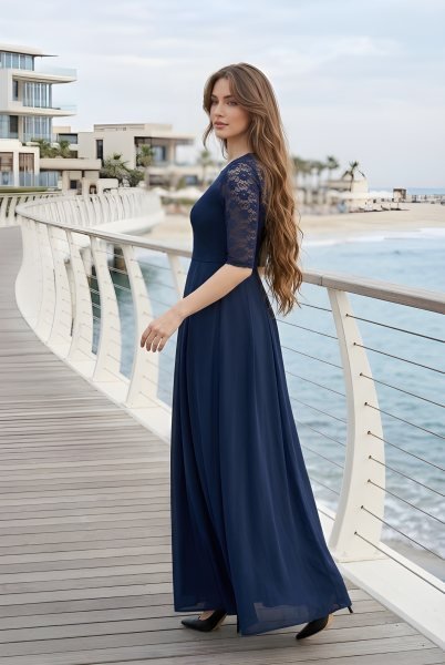 Seamless Navy Blue Fashionable Long Net Gown with 3/4 Sleeves for Ladies Fashion Western Ladies Top Wholesale