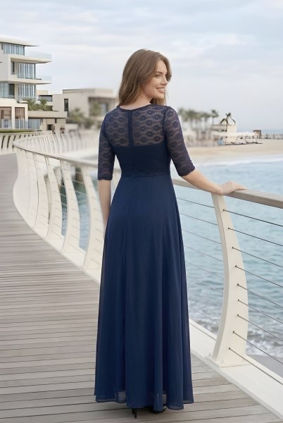 Seamless Navy Blue Fashionable Long Net Gown with 3/4 Sleeves for Ladies Fashion Western Ladies Top Wholesale