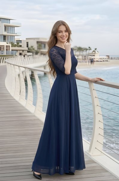 Seamless Navy Blue Fashionable Long Net Gown with 3/4 Sleeves for Ladies Fashion Western Ladies Top Wholesale