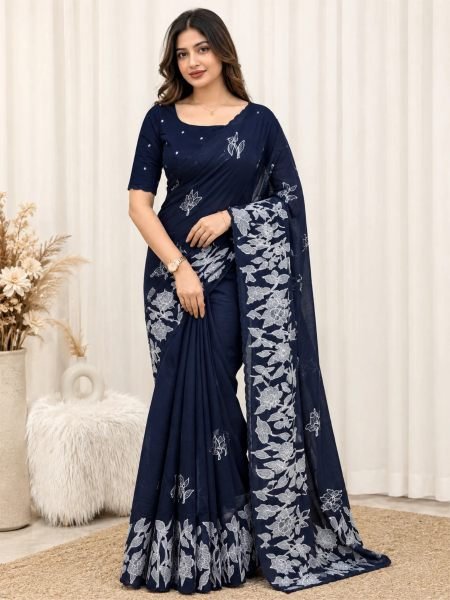 Seamless Navy Blue Mul Chiffon Embroidered Saree with Unstitched Blouse for Festival Sarees 