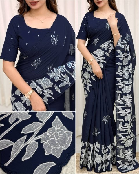 Seamless Navy Blue Mul Chiffon Embroidered Saree with Unstitched Blouse for Festival Pure Chiffon Sarees Wholesale