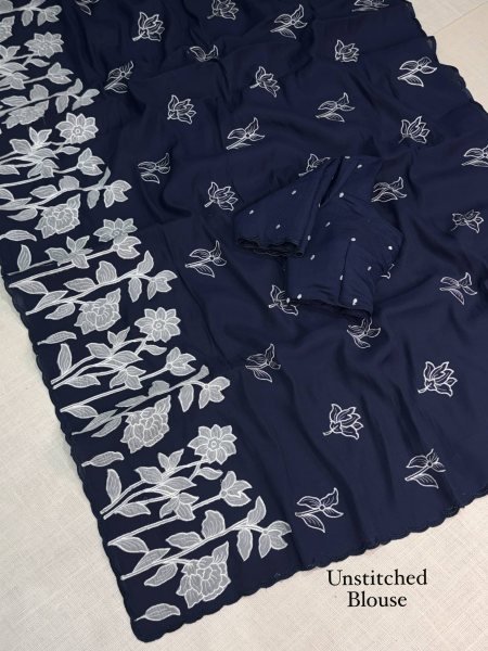 Seamless Navy Blue Mul Chiffon Embroidered Saree with Unstitched Blouse for Festival Pure Chiffon Sarees Wholesale