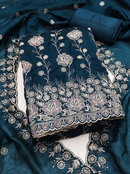 Seamless Navy Blue Salwar Suit Fabric with Heavy Work for Custom Stitching Dress Material 