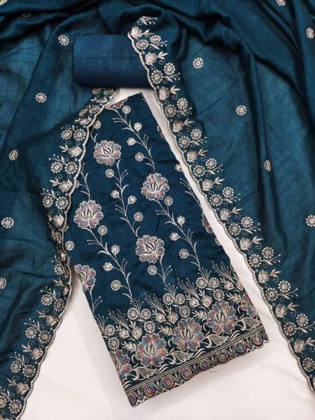 Seamless Navy Blue Salwar Suit Fabric with Heavy Work for Custom Stitching Color Set Matching Dress Material Wholesale