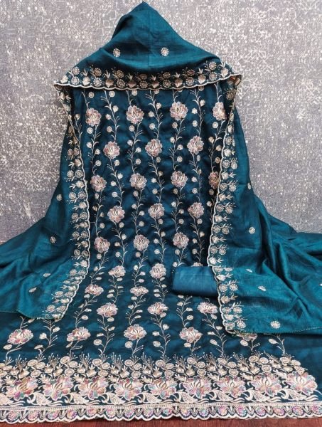 Seamless Navy Blue Salwar Suit Fabric with Heavy Work for Custom Stitching Color Set Matching Dress Material Wholesale