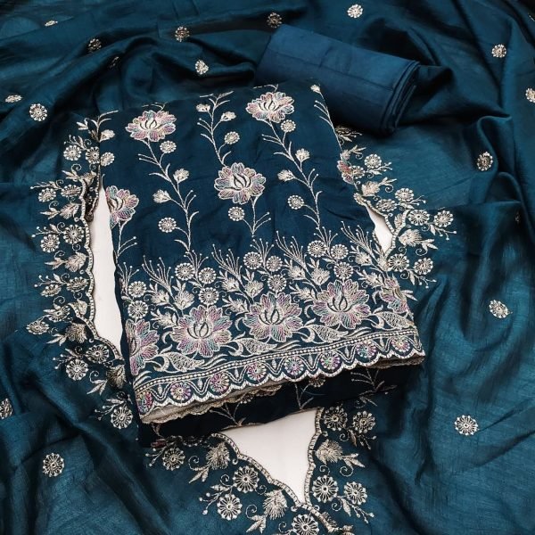 Seamless Navy Blue Salwar Suit Fabric with Heavy Work for Custom Stitching Color Set Matching Dress Material Wholesale