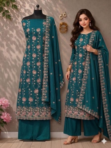 Seamless Navy Blue Salwar Suit Fabric with Heavy Work for Custom Stitching Color Set Matching Dress Material Wholesale