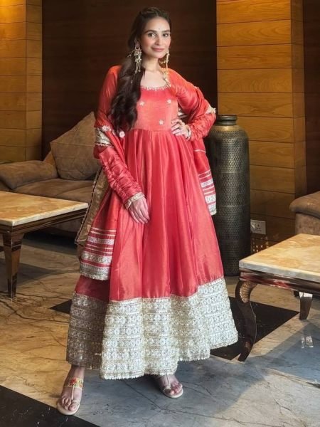 Seamless Peach Designer Anarkali Suit with Coding Sequin Work and Lace Dupatta 