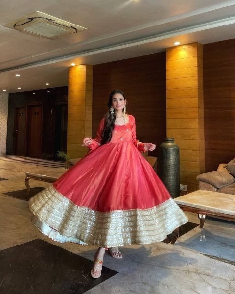 Seamless Peach Designer Anarkali Suit with Coding Sequin Work and Lace Dupatta Ready To Wear Collection