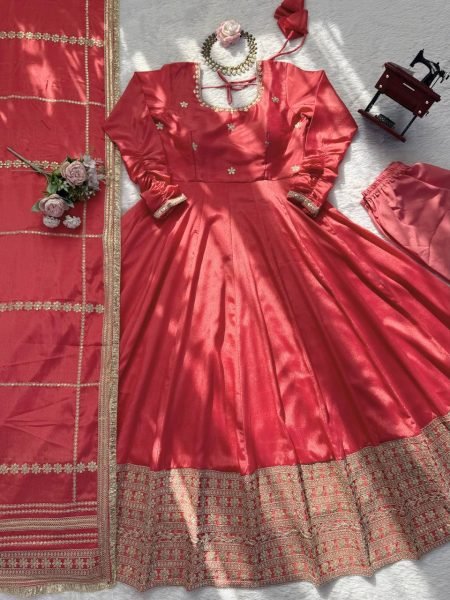 Seamless Peach Designer Anarkali Suit with Coding Sequin Work and Lace Dupatta Ready To Wear Collection
