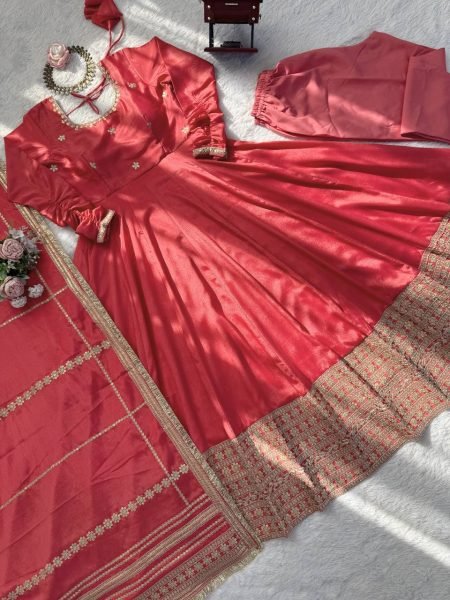 Seamless Peach Designer Anarkali Suit with Coding Sequin Work and Lace Dupatta Ready To Wear Collection