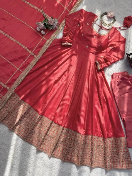 Seamless Peach Designer Anarkali Suit with Coding Sequin Work and Lace Dupatta Ready To Wear Collection