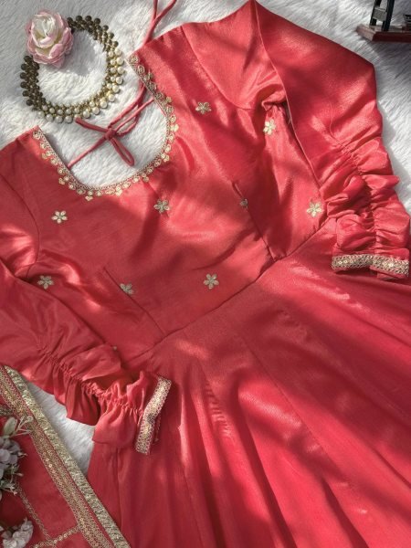 Seamless Peach Designer Anarkali Suit with Coding Sequin Work and Lace Dupatta Ready To Wear Collection
